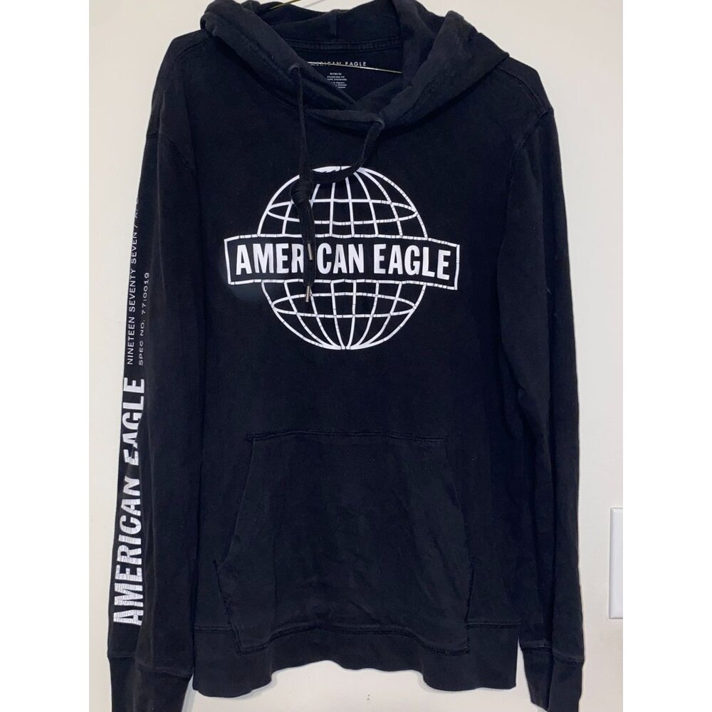 Men's Black American Eagle Globe Graphic Hoodie Sweatshirt Size Medium
